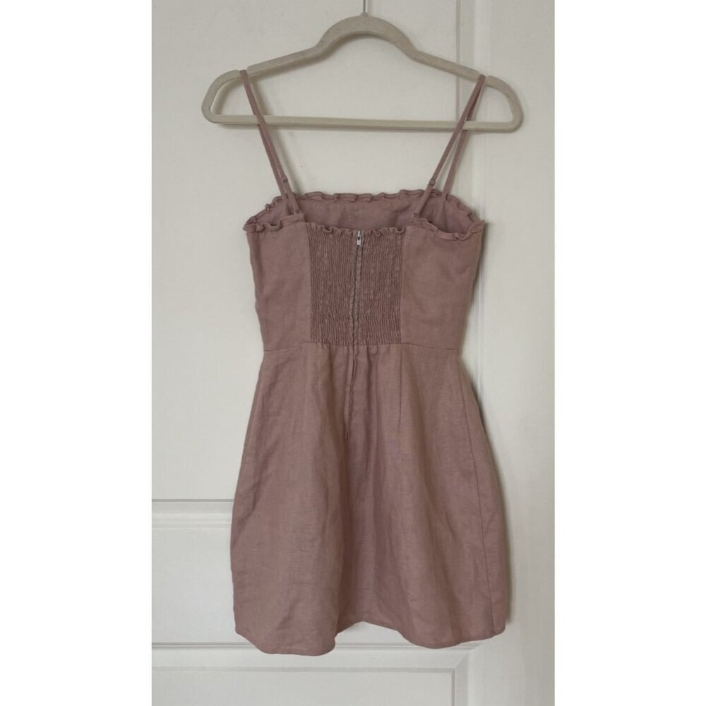 Reformation Ava Ruffle 100% Linen Mini Dress Dusty Rose Blush Pink Size 0 - Picture 3 of 5